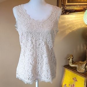 New Adiva Sleeveless Lace Top Beige Lined Eyelash Detail Edges Size Medium